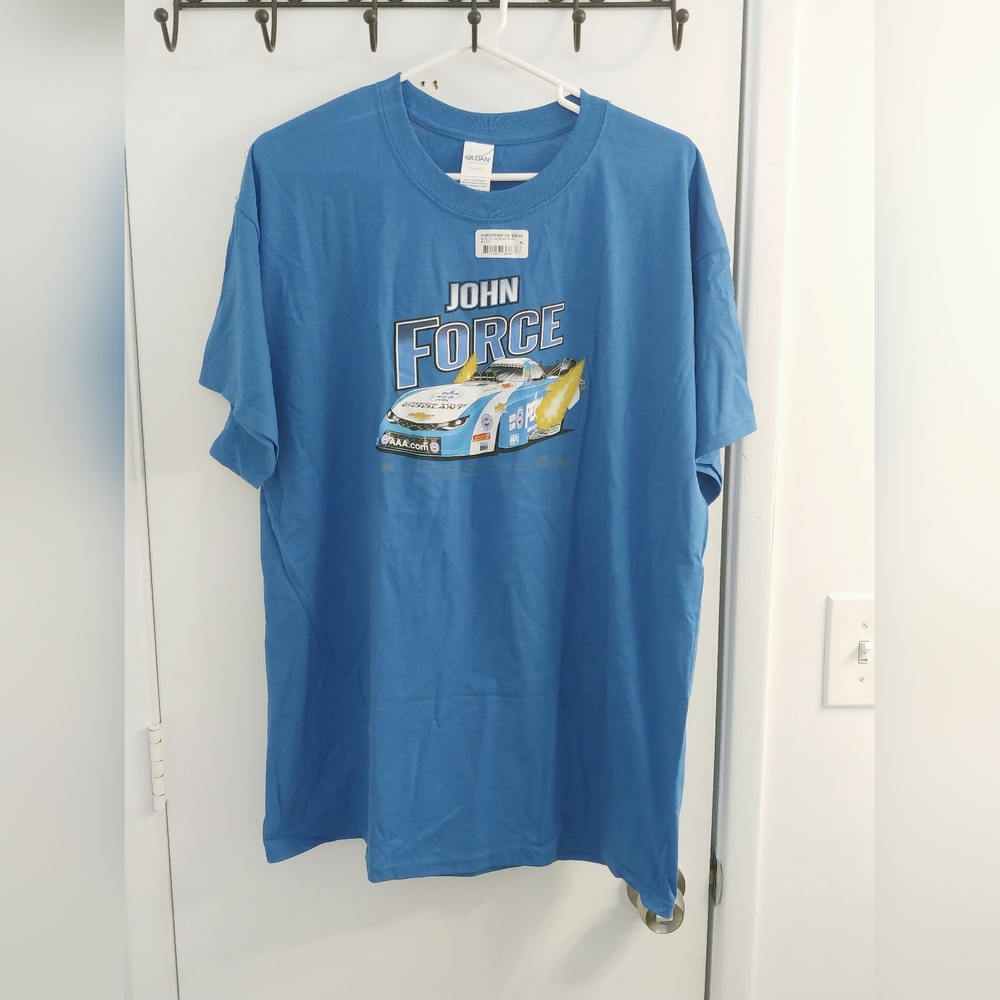 John Force Racing Funny Car 2018 Blue Tee Shirt New, Size XL.